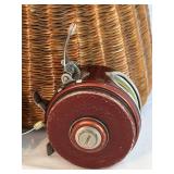 LR - Vintage Wicker Creel Basket with Leather Strap and 3 Fishing Reels