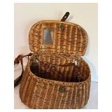LR - Vintage Wicker Creel Basket with Leather Strap and 3 Fishing Reels