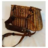LR - Vintage Wicker Creel Basket with Leather Strap and 3 Fishing Reels