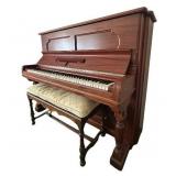 LR - Antique Steinway Upright Piano with Bench and Carved Wood Detailing