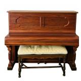 LR - Antique Steinway Upright Piano with Bench and Carved Wood Detailing