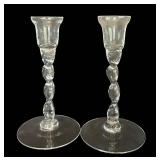 LR -Vintage Stuebe Crystal Glass Bouquet Vase, Vintage Stueben Trefoil Bowl and Pair of Vintage Twisted Stem Candlesticks