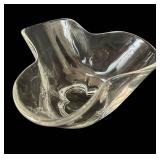 LR -Vintage Stuebe Crystal Glass Bouquet Vase, Vintage Stueben Trefoil Bowl and Pair of Vintage Twisted Stem Candlesticks