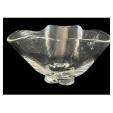 LR -Vintage Stuebe Crystal Glass Bouquet Vase, Vintage Stueben Trefoil Bowl and Pair of Vintage Twisted Stem Candlesticks