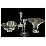 LR -Vintage Stuebe Crystal Glass Bouquet Vase, Vintage Stueben Trefoil Bowl and Pair of Vintage Twisted Stem Candlesticks