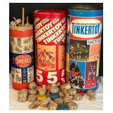 DR - Lot of 3 Vintage Tinkertoy Sets with Wooden Parts and Original Canisters