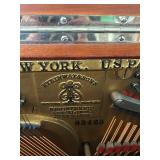 LR - Antique Steinway Upright Piano with Bench and Carved Wood Detailing