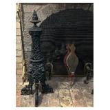 Antique Cast Iron Fireplace Andirons with Fireplace Tools and Bellows