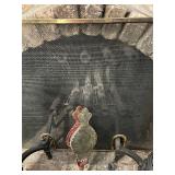 Antique Cast Iron Fireplace Andirons with Fireplace Tools and Bellows