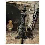 Antique Cast Iron Fireplace Andirons with Fireplace Tools and Bellows