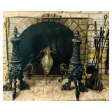 Antique Cast Iron Fireplace Andirons with Fireplace Tools and Bellows