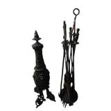 Antique Cast Iron Fireplace Andirons with Fireplace Tools and Bellows