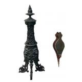 Antique Cast Iron Fireplace Andirons with Fireplace Tools and Bellows