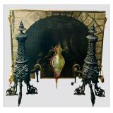 Antique Cast Iron Fireplace Andirons with Fireplace Tools and Bellows