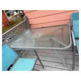 Outdoor Patio Set with Glass Table and 4 Blue Mesh Chairs