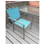 Outdoor Patio Set with Glass Table and 4 Blue Mesh Chairs