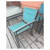 Outdoor Patio Set with Glass Table and 4 Blue Mesh Chairs