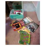 Large Collection of Vintage Vinyl Records with Storage Bin Including Elvis, Sawyer Brown, and More