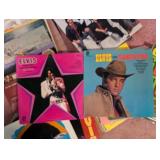 Large Collection of Vintage Vinyl Records with Storage Bin Including Elvis, Sawyer Brown, and More