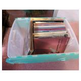 Large Collection of Vintage Vinyl Records with Storage Bin Including Elvis, Sawyer Brown, and More