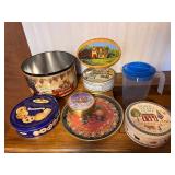Collection of Decorative Cookie Tins and Plastic Pitcher