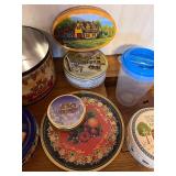 Collection of Decorative Cookie Tins and Plastic Pitcher