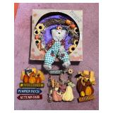 Lot of Fall Harvest Wreath, Bear Doll, and Autumn Hanging Decorations
