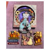 Lot of Fall Harvest Wreath, Bear Doll, and Autumn Hanging Decorations