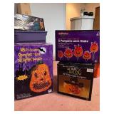 Halloween Pumpkin Decorations Lot: 18 in. 3D Lighted Pumpkin, 5 Pumpkin Lawn Stake Set, 20 in. Fiber Optic Pumpkin
