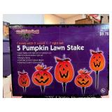 Halloween Pumpkin Decorations Lot: 18 in. 3D Lighted Pumpkin, 5 Pumpkin Lawn Stake Set, 20 in. Fiber Optic Pumpkin