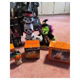 Large Halloween Decor Collection with Animated Witch, Lights, Porcelain Pieces, and Storage Tote