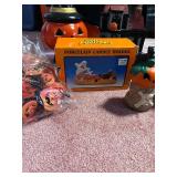 Large Halloween Decor Collection with Animated Witch, Lights, Porcelain Pieces, and Storage Tote