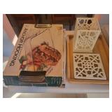 Anchor Hocking Baking Dish, Gotham Pro Crisper Tray, and Cast Iron Trivet Set with Wooden Tray