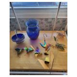 Collection of Blue Glass Vase, Silver Basket, and 4 Enamel Hummingbird Figurines