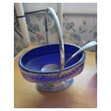 Collection of Blue Glass Vase, Silver Basket, and 4 Enamel Hummingbird Figurines