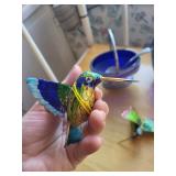 Collection of Blue Glass Vase, Silver Basket, and 4 Enamel Hummingbird Figurines