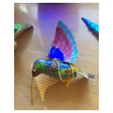 Collection of Blue Glass Vase, Silver Basket, and 4 Enamel Hummingbird Figurines