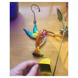 Collection of Blue Glass Vase, Silver Basket, and 4 Enamel Hummingbird Figurines