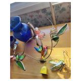 Collection of Blue Glass Vase, Silver Basket, and 4 Enamel Hummingbird Figurines