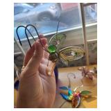 Collection of Blue Glass Vase, Silver Basket, and 4 Enamel Hummingbird Figurines