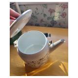 Minnesota Loon Mug, Green Enamel Teapot, and Floral Stoneware Teapot Set