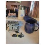 Vintage Kitchenware Collection: Toaster, Graniteware Pitcher, Coffee Carafe, Mini Jars with Cart