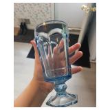 Set of 5 Blue Hexagonal Goblet Glasses and 8 Clear Ribbed Tumblers