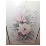 Pair of Framed Floral Wall Art Prints with Ornate Ivory Frames