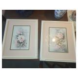 Pair of Framed Floral Wall Art Prints with Ornate Ivory Frames