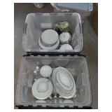 Large Set of Vintage White China Dinnerware with Silver Trim