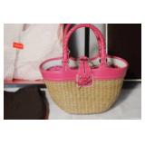 Coach Straw Small Tote with Pink Leather Trim and Original Box