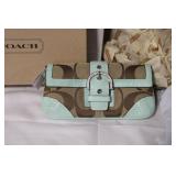 Coach Signature Khaki and Aqua Convertible Flap Purse with Box and Dust Bag