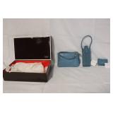 Coach Blue Leather Wristlet, Phone Case, and Memo Holder Set with Box