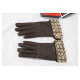 Coach Signature Brown Leather Gloves with Logo Cuff Size 8 in Box
